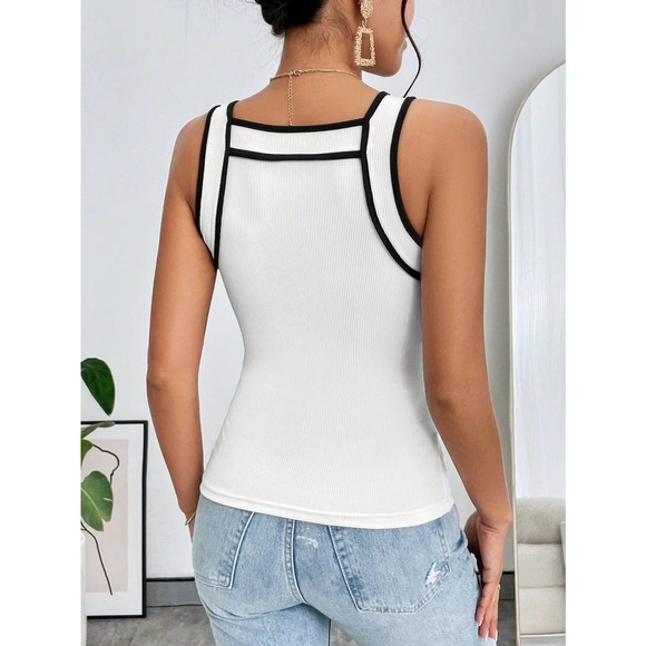 y2k minimalist high neck Contrast Binding Tank Top cream - Picture 7 of 11
